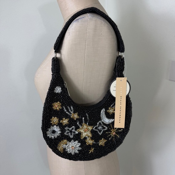 New Handcrafted Black Beaded Crescent Moon Star Purse Bag Handcrafted India NWT - Picture 10 of 11